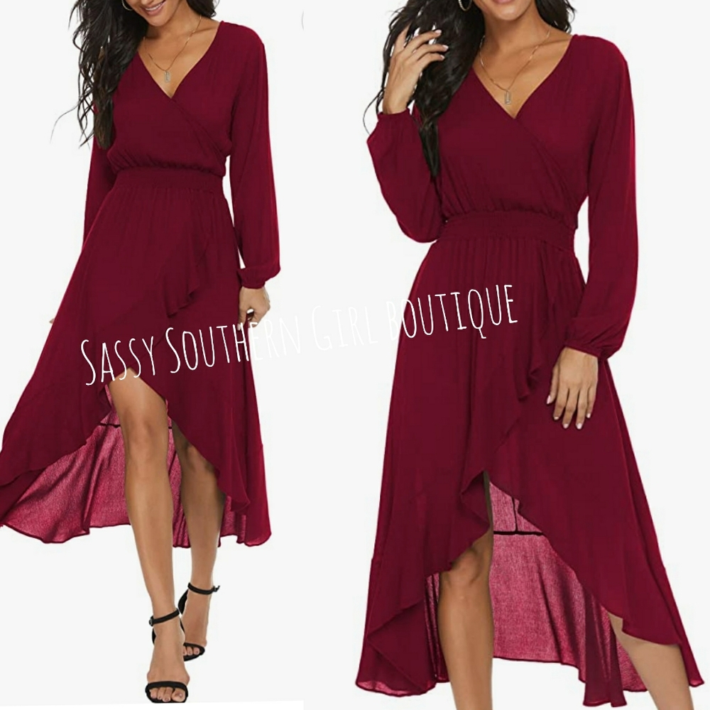 🆕⭐ Wine red flowy long sleeve high low dress